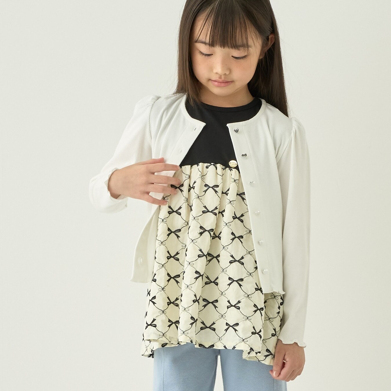 【ミニ丈】ハート釦テレコカーディガン【子供服】【キッズ】【女の子】