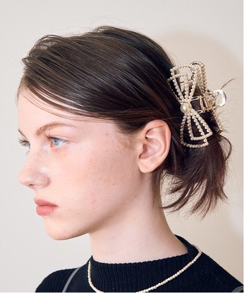 パールリボンバンスクリップ【韓国ファッション】