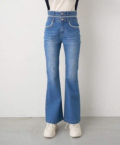 レース付デニムフレアパンツ【韓国ファッション】