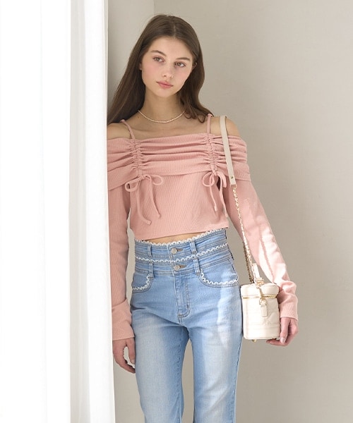 オフショルシャーリングトップス【韓国ファッション】