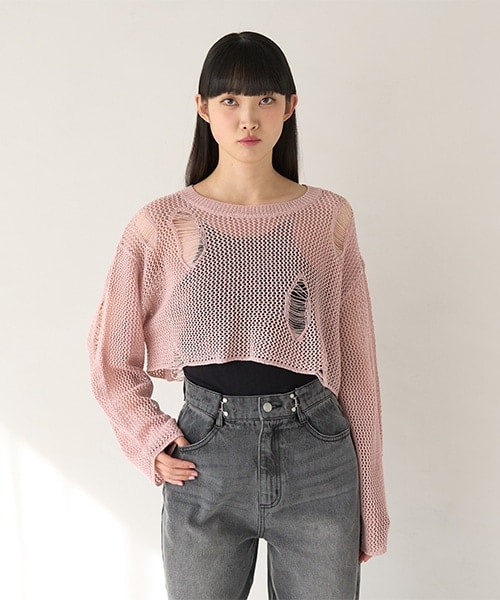 ダメージメッシュニット【韓国ファッション】