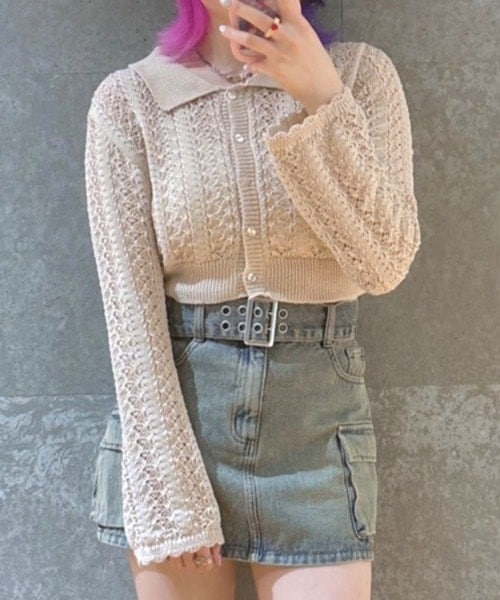 透かし編みポロカーディガン【韓国ファッション】