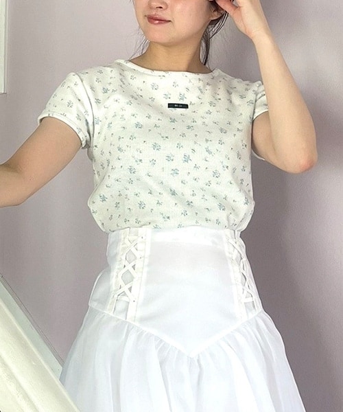 小花柄ワッフル半袖Tシャツ【韓国ファッション】