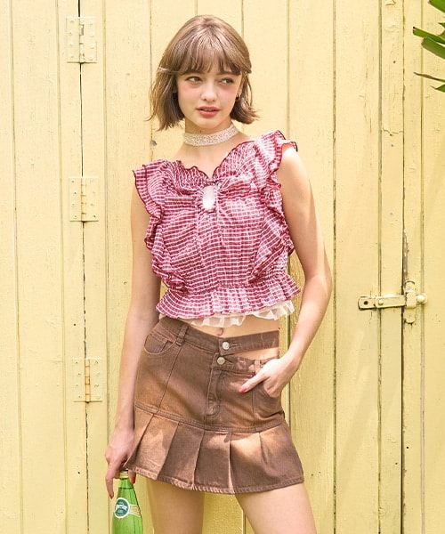 フリルスリーブチェックブラウス【韓国ファッション】