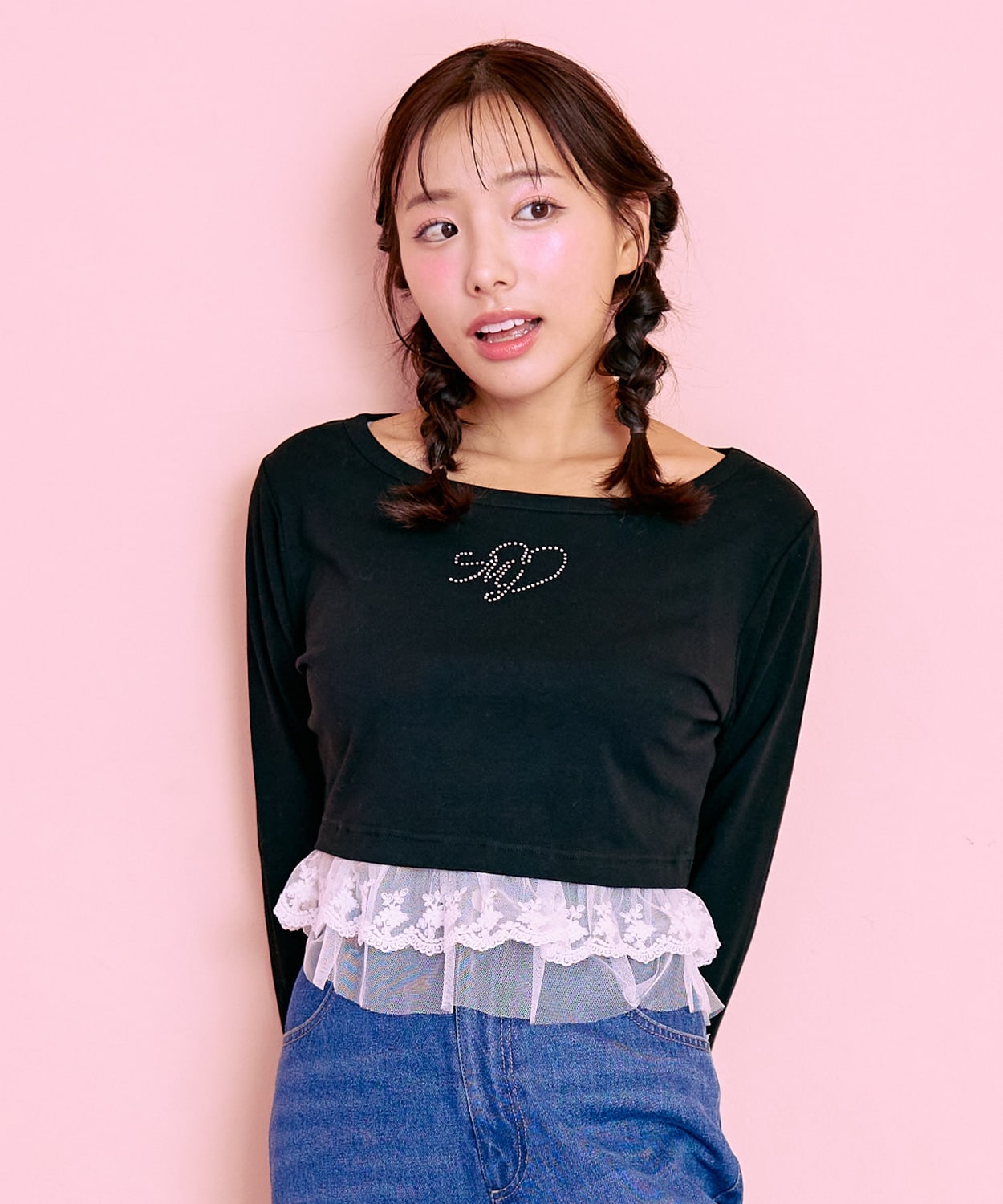 裾フリルラインストーンTシャツ【韓国ファッション】