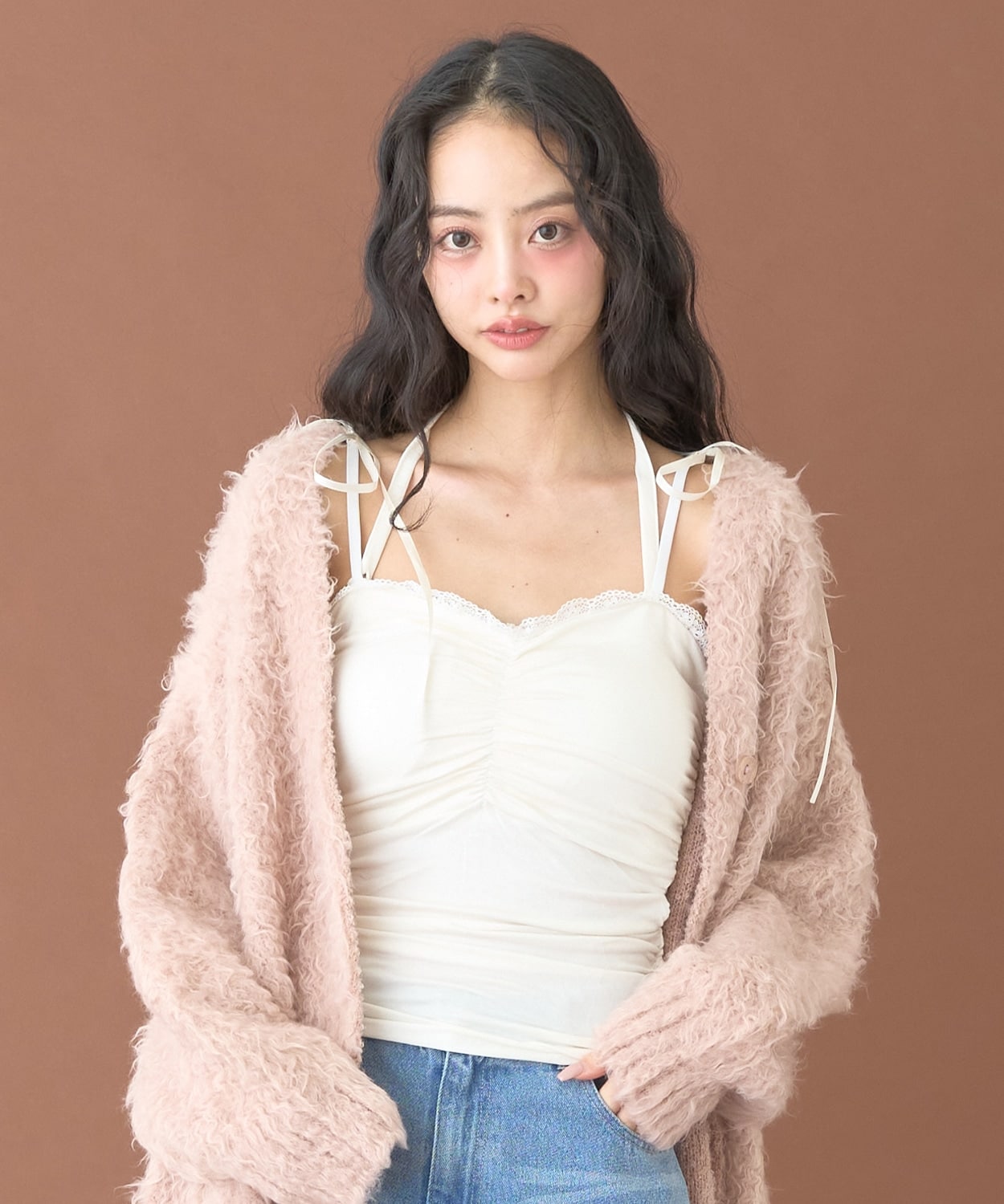 肩リボンギャザーキャミソール【韓国ファッション】 | Mi-je（ミジェ）