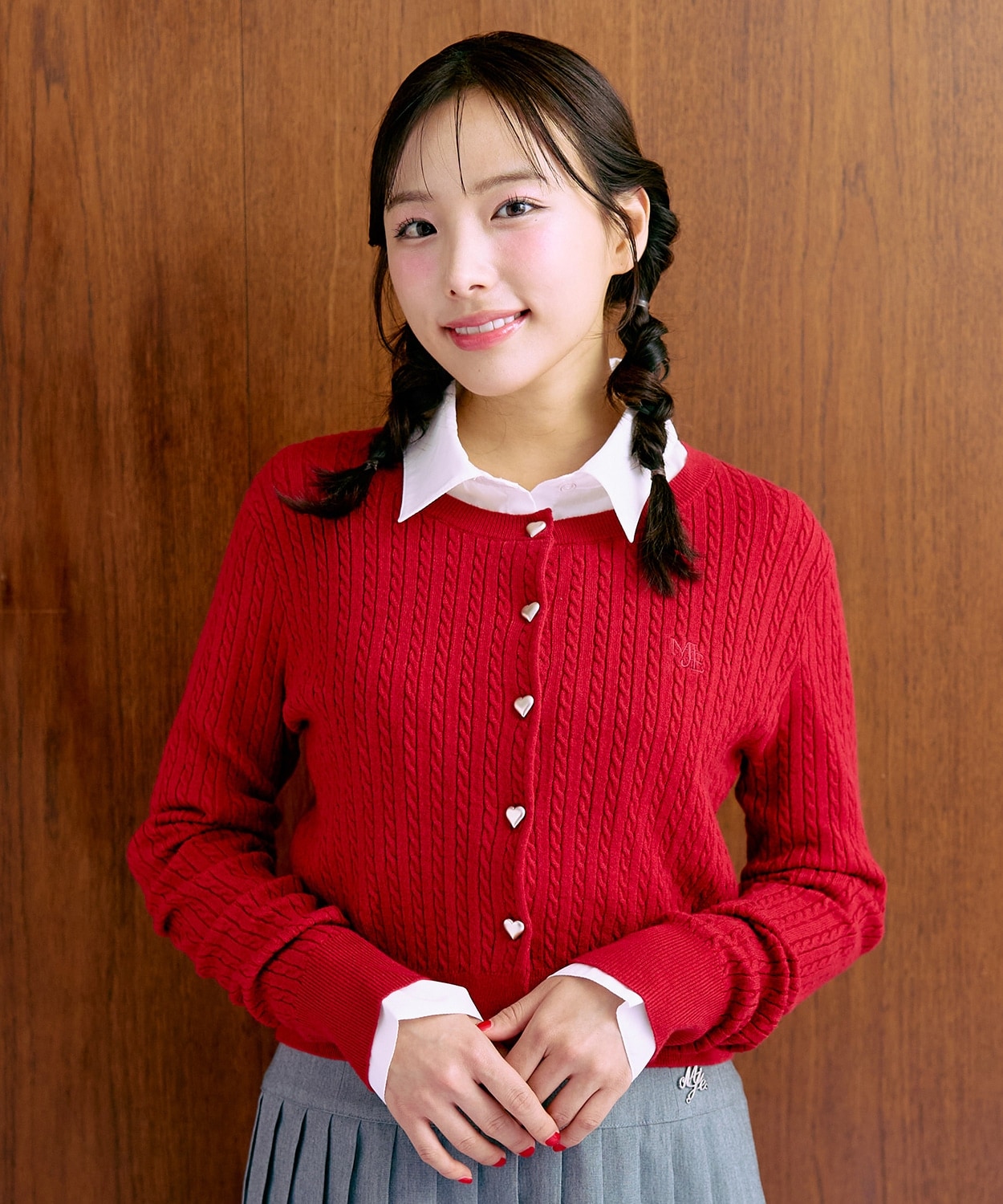 ハート釦ケーブルカーディガン【韓国ファッション】