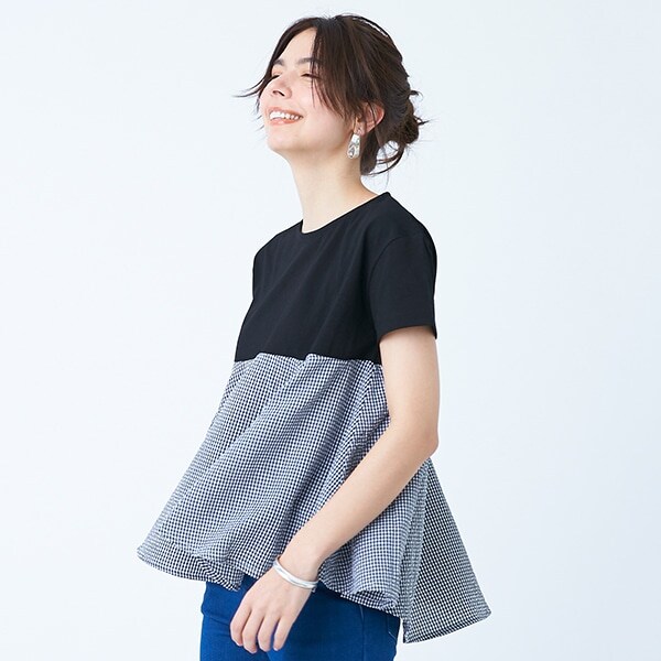 柄ドッキングペプラムTシャツ