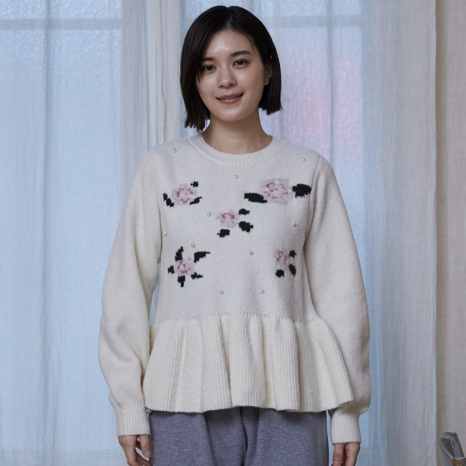 【フワもちっと/リンク】お花パールニット