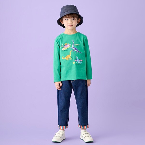 カットデニム裾ストライプ8分丈パンツ