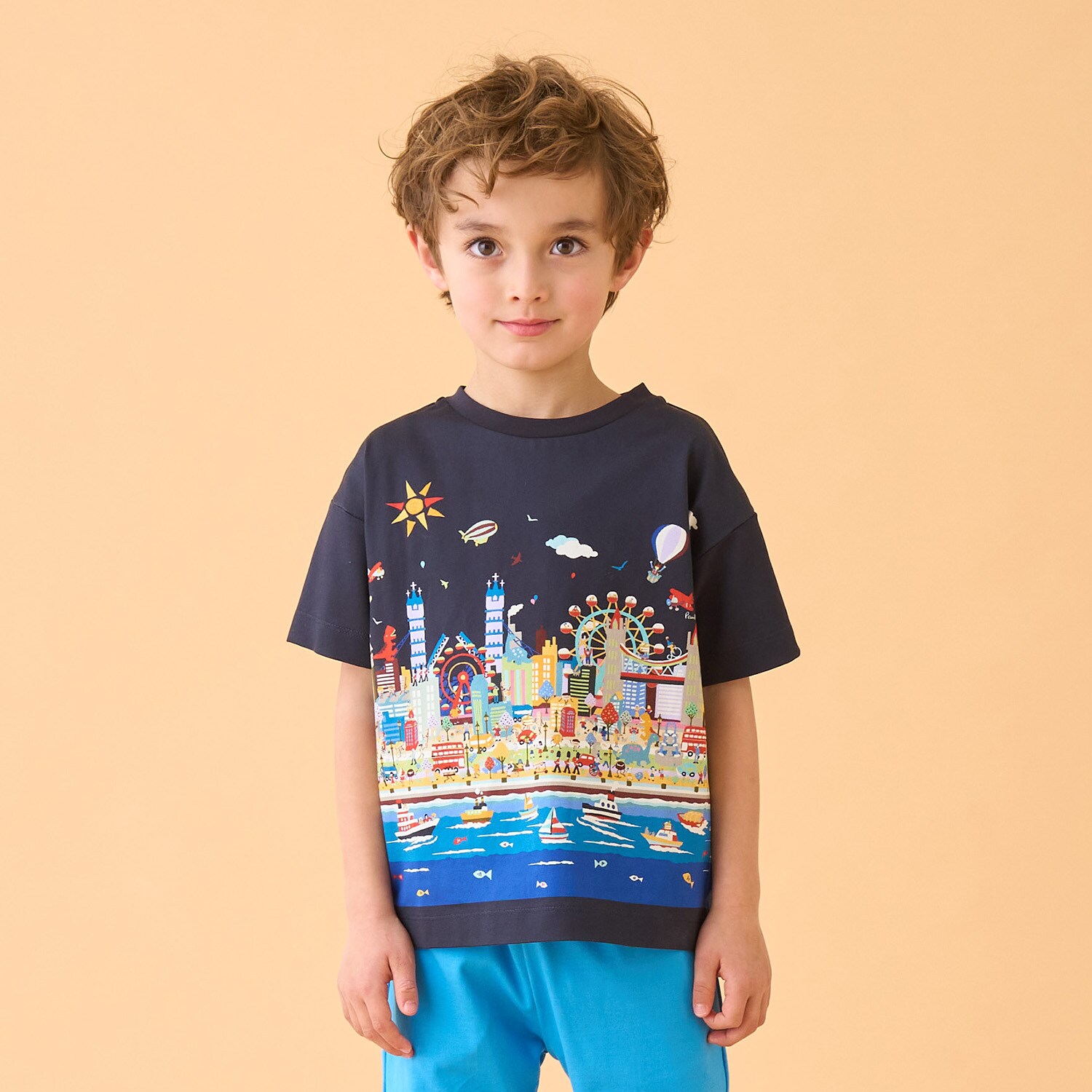 海柄・街柄パネルプリント半袖Tシャツ