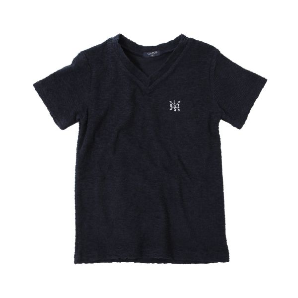 パイル・ワンポイント刺繍Vネック半袖Tシャツ