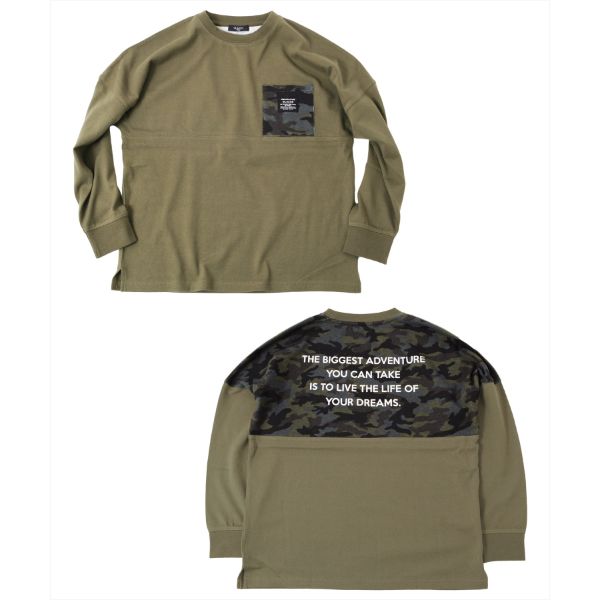 厚手天竺・ドロップショルダーバッグカモフラプリント長袖Tシャツ