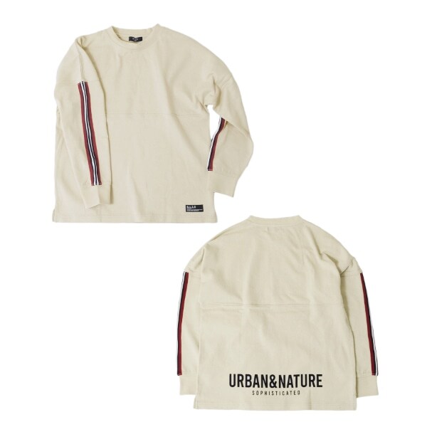 厚手天竺・抗菌防臭加工ドロップショルダー袖ラインバックプリント長袖Tシャツ