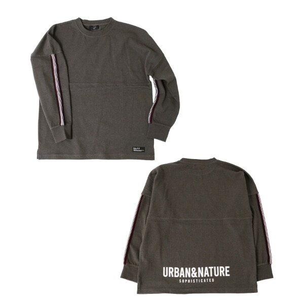 厚手天竺・抗菌防臭加工ドロップショルダー袖ラインバックプリント長袖Tシャツ