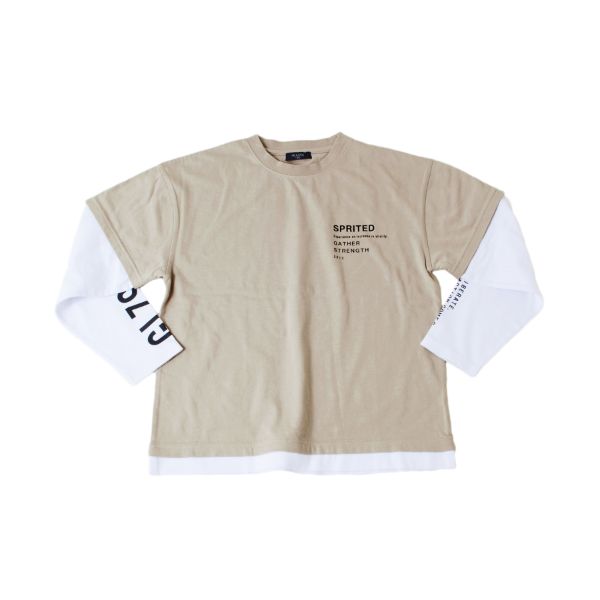 天竺・抗菌防臭加工ドロップショルダー袖プリント重ね着風長袖Tシャツ