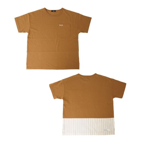 【大人向けサイズあり】天竺・ドロップショルダーストライプ切替半袖Tシャツ