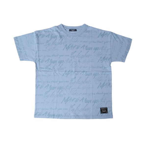 天竺・ドロップショルダー総柄ロゴプリント半袖Tシャツ