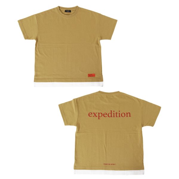 天竺・接触冷感ドロップショルダーロゴプリントフェイクレイヤード半袖Tシャツ