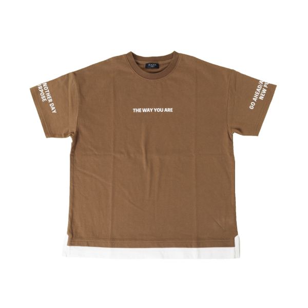 天竺・ドロップショルダーフェイクレイヤードプリント半袖Tシャツ