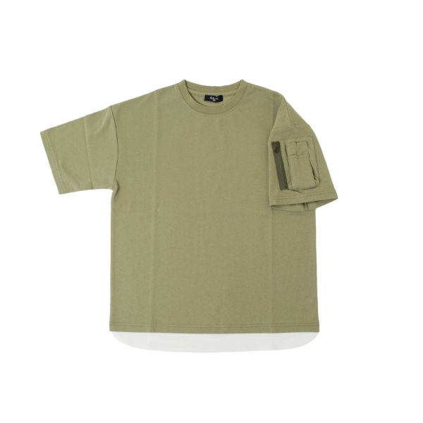 OE天竺・接触冷感ドロップショルダー袖ポケットレイヤード半袖Tシャツ