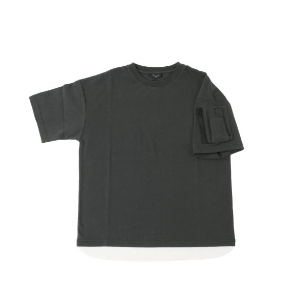 OE天竺・接触冷感ドロップショルダー袖ポケットレイヤード半袖Tシャツ