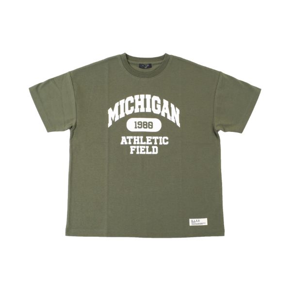 天竺・接触冷感ドロップショルダーカレッジロゴ半袖Tシャツ