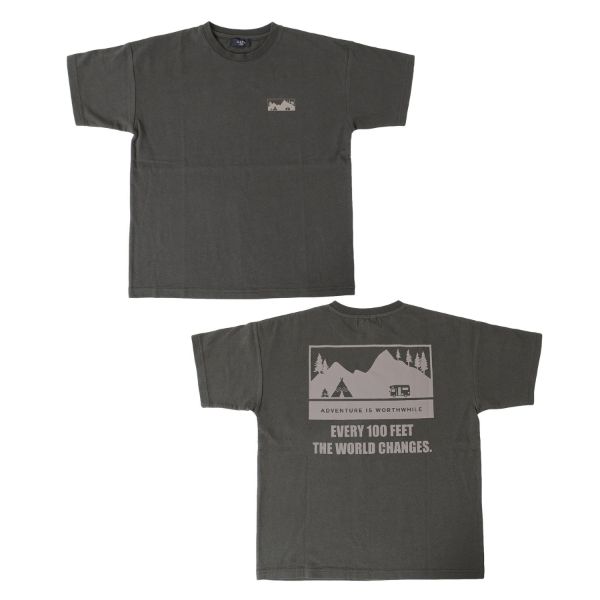 OE天竺・接触冷感ドロップショルダーアウトドアバックプリント半袖Tシャツ