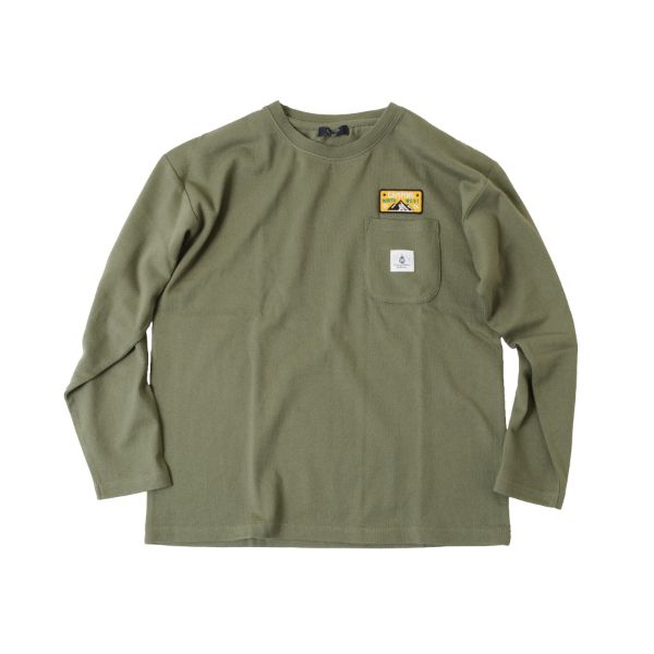 厚手天竺・ドロップショルダーワッペン付きポケット長袖Tシャツ