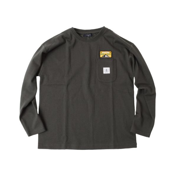 厚手天竺・ドロップショルダーワッペン付きポケット長袖Tシャツ