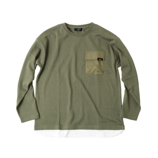 厚手天竺・ドロップショルダーフラップポケット付き裾レイヤード長袖Tシャツ
