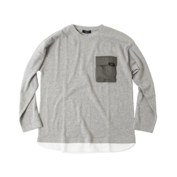 厚手天竺・ドロップショルダーフラップポケット付き裾レイヤード長袖Tシャツ