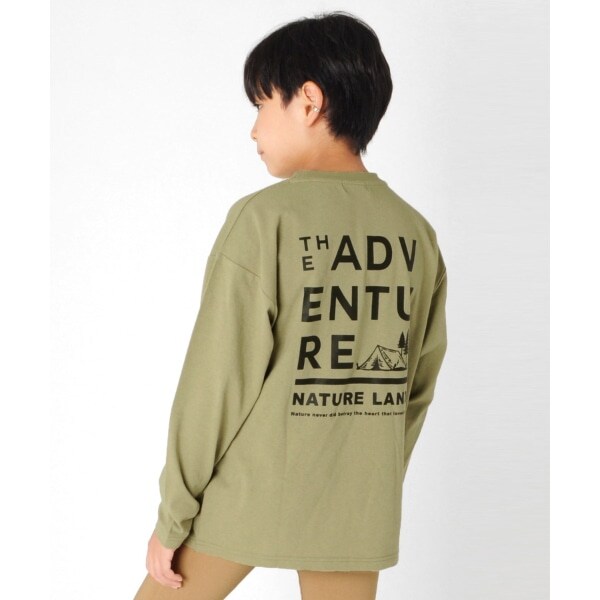 OE天竺・ドロップショルダーポケット付アウトドアプリント長袖Tシャツ