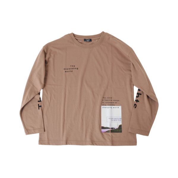 天竺・ドロップショルダー袖ロゴフォトプリント長袖Tシャツ
