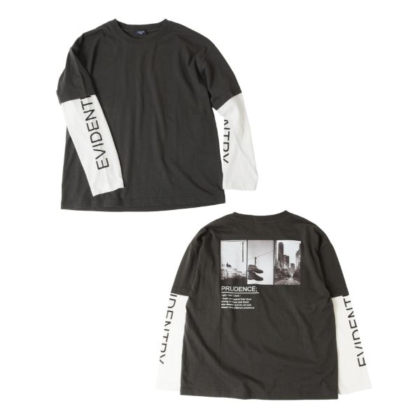 天竺・バックフォトフェイクレイヤード 長袖Tシャツ