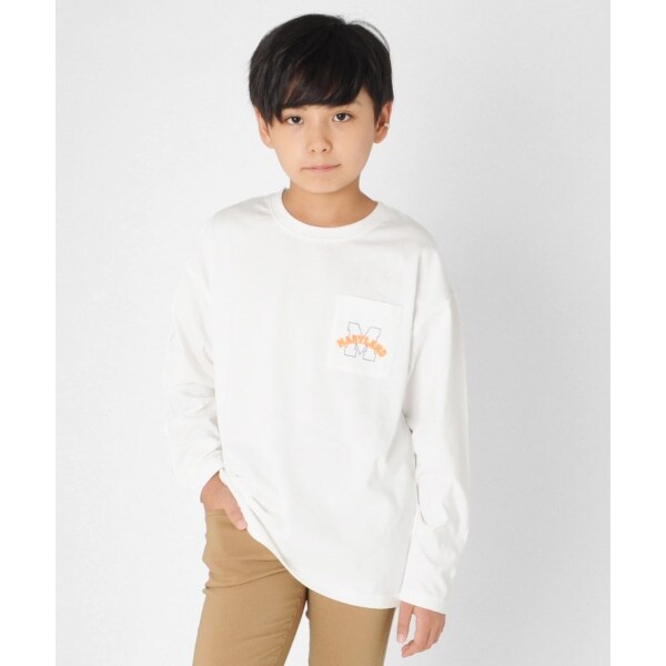 タフ天竺・ドロップショルダーポケットプリント長袖Ｔシャツ