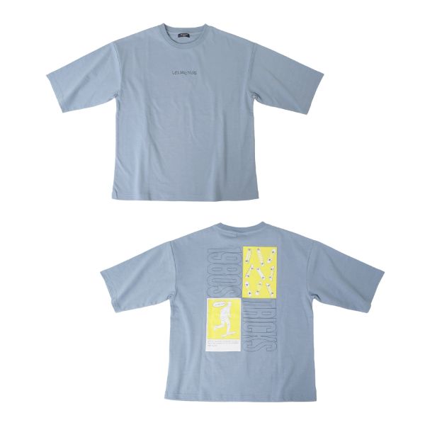 タフ天竺・ドロップショルダーバックイラストプリント5分袖Tシャツ