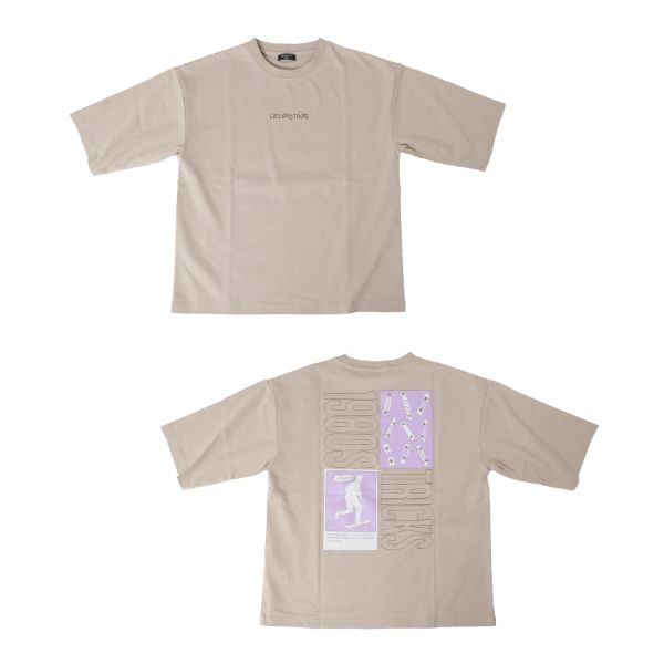 タフ天竺・ドロップショルダーバックイラストプリント5分袖Tシャツ