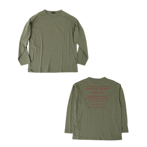 天竺・ドロップショルダーバックプリント長袖Tシャツ