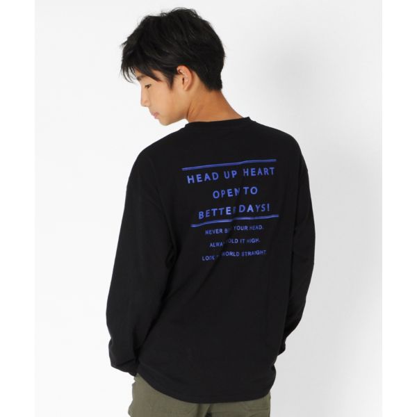 天竺・ドロップショルダーバックプリント長袖Tシャツ