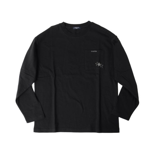 天竺・ドロップショルダーポケットスタープリント長袖Tシャツ