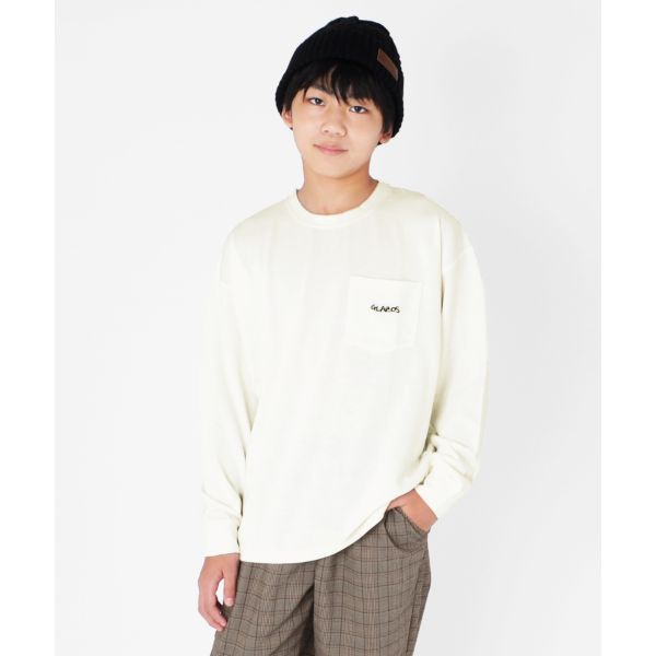 厚手天竺・ドロップショルダーワンポイント刺繍ポケット長袖Tシャツ