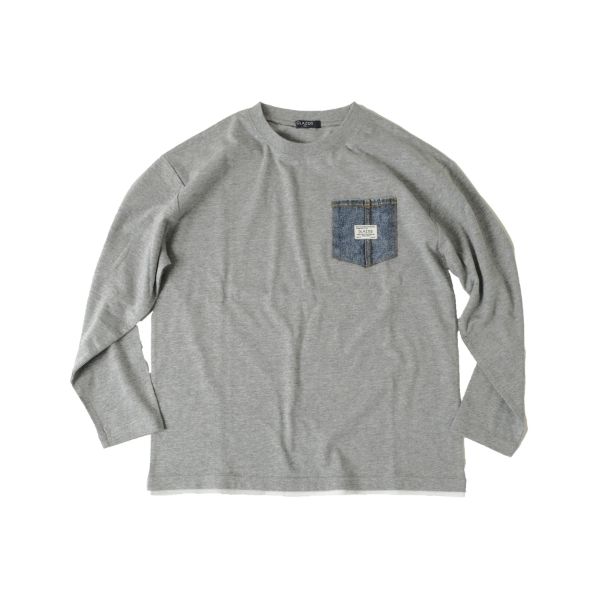 天竺・ドロップショルダーデニムポケットレイヤード長袖Ｔシャツ