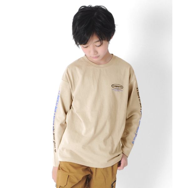 OE天竺・ドロップショルダースリーブプリント長袖Tシャツ