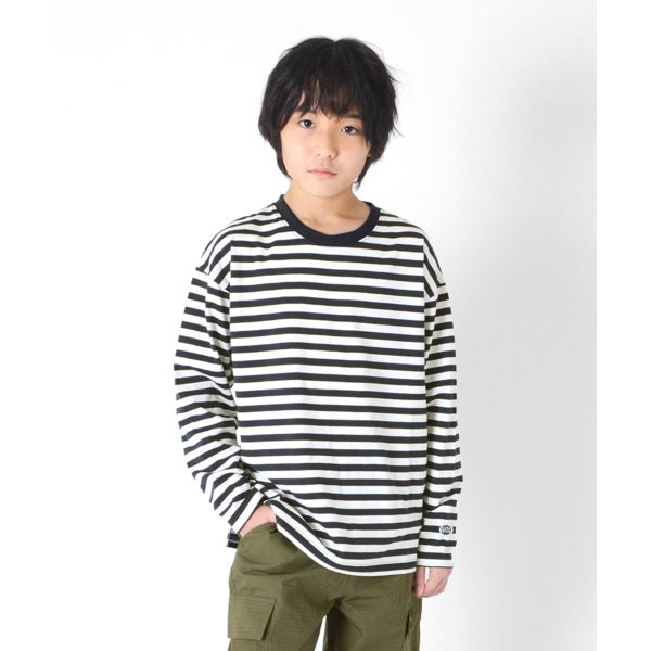 タフ天竺・ドロップショルダーワンポイントワッペンボーダー長袖Ｔシャツ