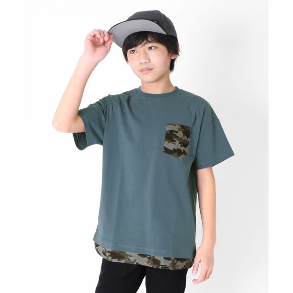 天竺・ドロップショルダーアソートポケット裾レイヤード半袖Ｔシャツ