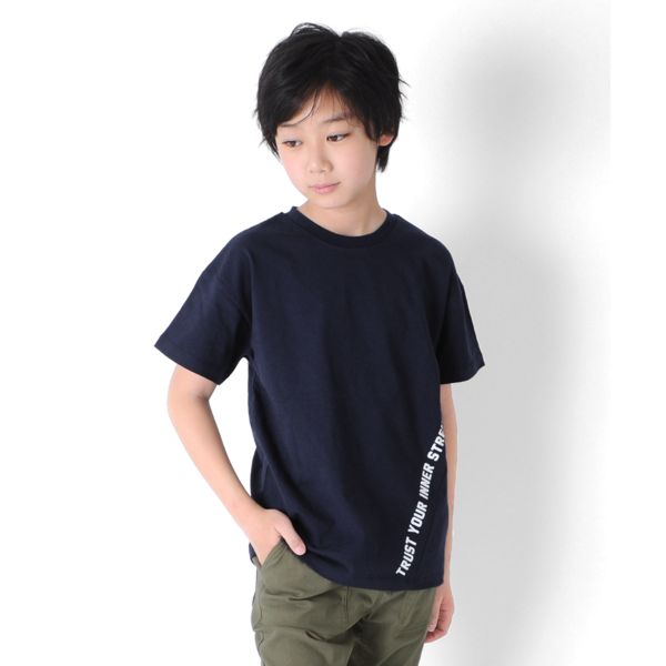 天竺・USAコットン ドロップショルダー斜め切替プリント半袖Tシャツ