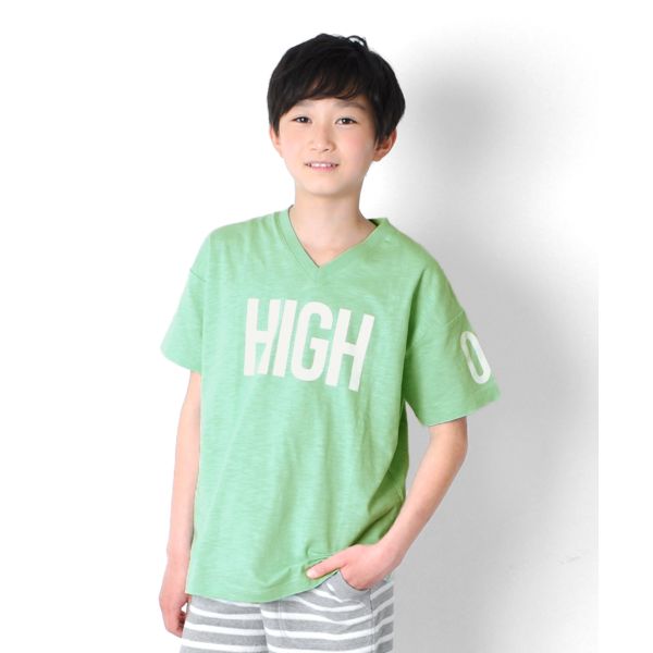 【大人向けサイズあり】スラブ天竺・ロゴナンバープリントVネック半袖Tシャツ