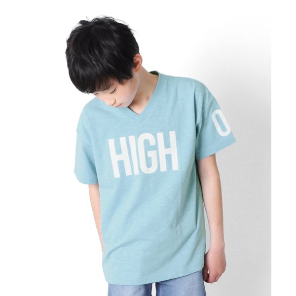 【大人向けサイズあり】スラブ天竺・ロゴナンバープリントVネック半袖Tシャツ