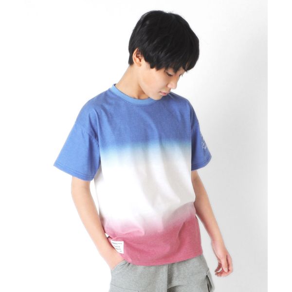 天竺・接触冷感ドロップショルダー段染め風プリント半袖Tシャツ